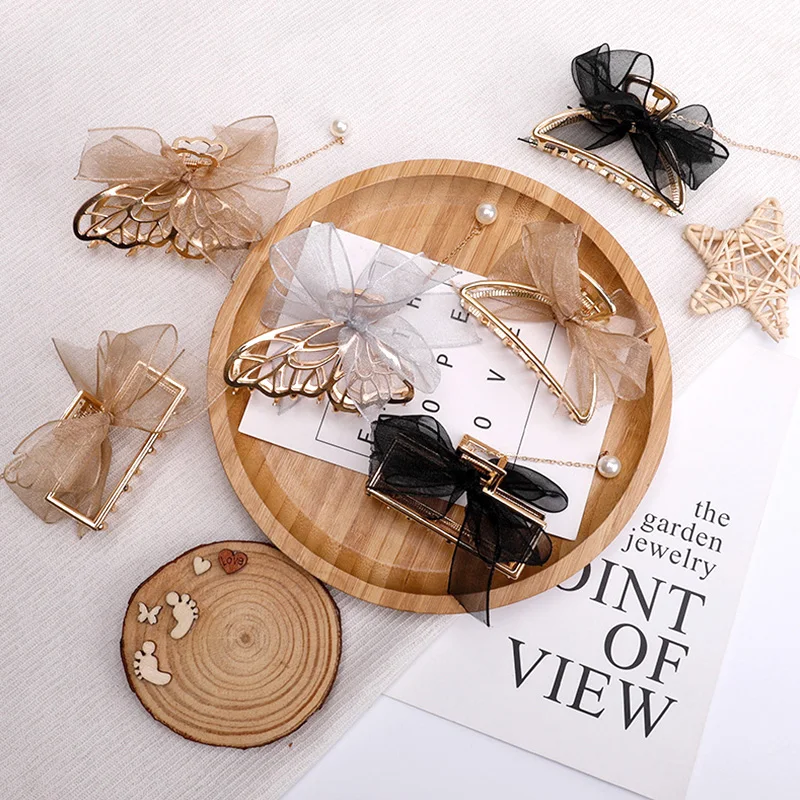 

Новые Элегантные Заколки для волос из сплава для женщин, модная кружевная сетчатая заколка для волос с бантом и кисточкой, женские геометрические украшения для волос золотого цвета