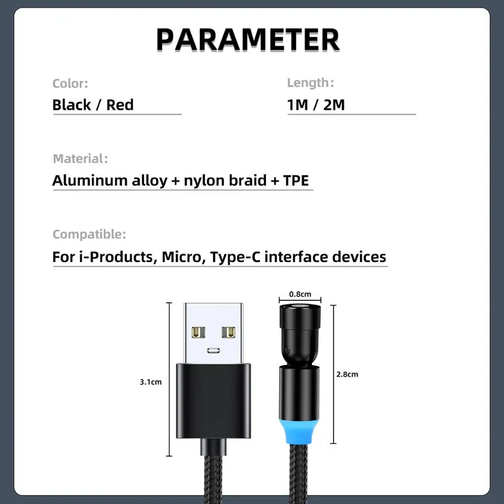 

540 Rotate Magnetic Cable Micro USB Type C Cable For iPhone Fast Charging Magnet Charger Phone Cable Android Wire Cord