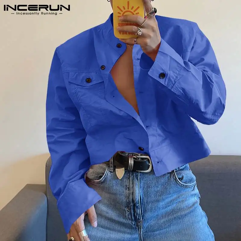 

INCERUN Men Jackets Solid Color Stand Collar Long Sleeve Fashion Crop Coats 2021 Streetwear Single Breasted Casual Men Outerwear