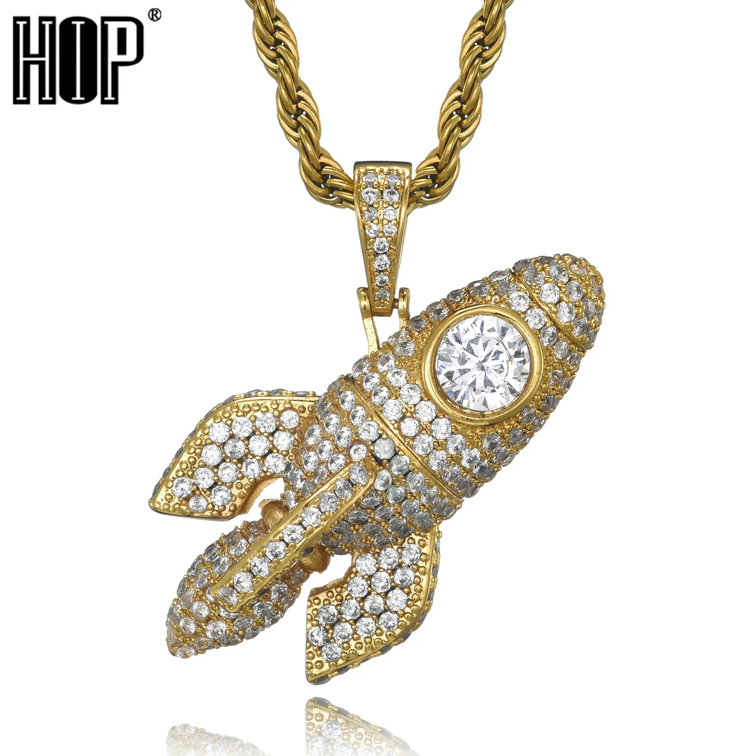 

Hip Hop Iced Out Cubic Zircon Bling CZ Rocket Pendants & Necklaces For Men Jewelry With Tennis Chain