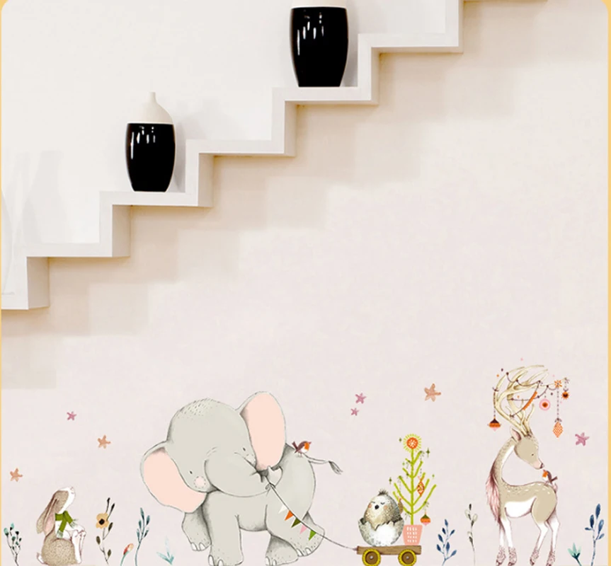 

Happy baby elephant bunny fawn Wall stickers kids baby room decor art nursery mural cartoon animals stickers home wallpaper