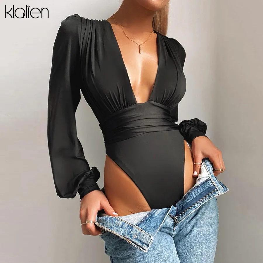 

KLALIEN Autumn Sexy Low Bust V neck Long Sleeve Solid Slim Women Bodysuit 2020 Simple Office Lady Street Wild Female Bodysuit