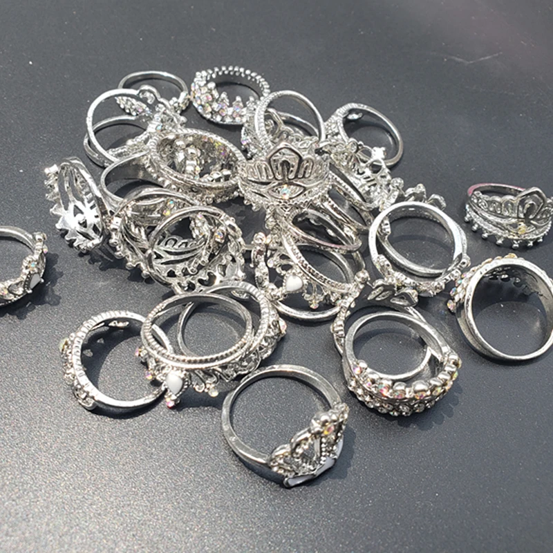 H 10pcs AOMU 10 шт./партия, золотистая, серебристая, перламутровая буквы из кристаллов, корона, смешанный сустав пальца, кольцо для женщин, свадебные украшения - Цвет основного камня: H 10pcs