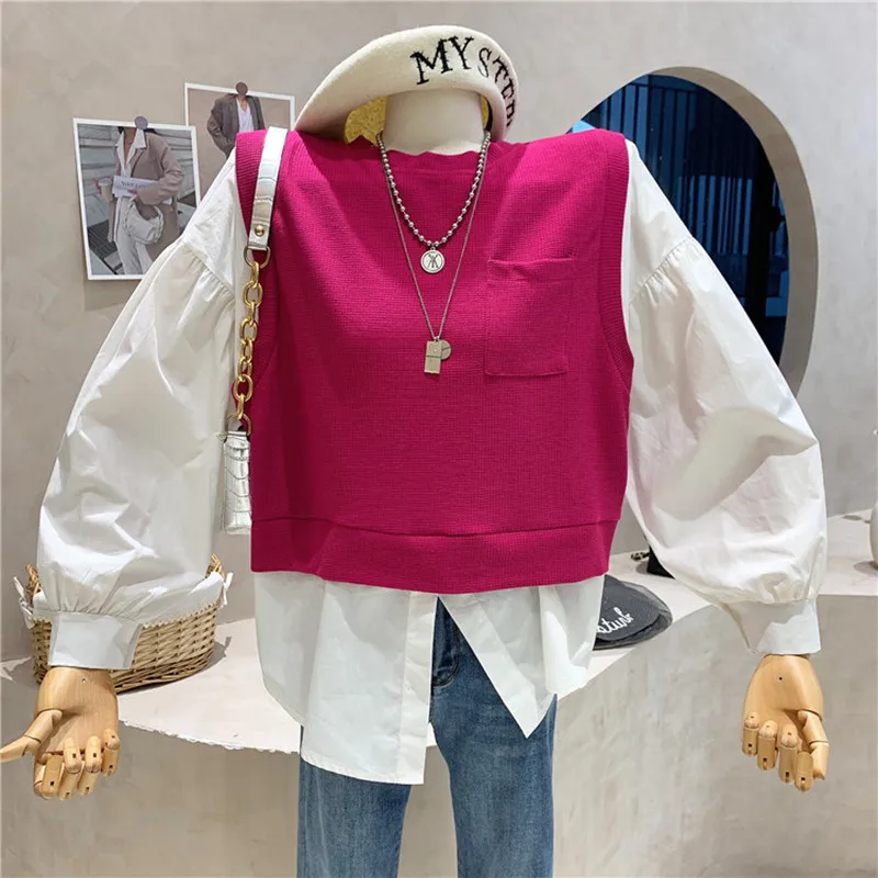 

New Women's Clothing 2021 Autumn Design sense splicing contrast color Long Sleeve Hoodies Sweater fake two-piece top