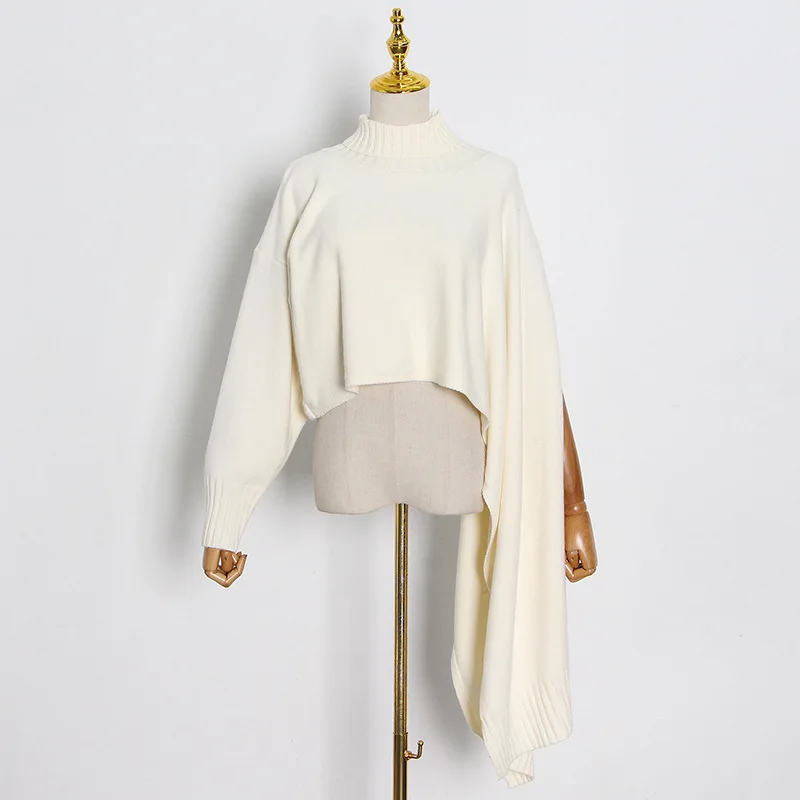 

Design Sense 2020 Fall New Fashion Temperament High Neck Long Sleeve Single Sleeve Irregular Sweater Female Trend