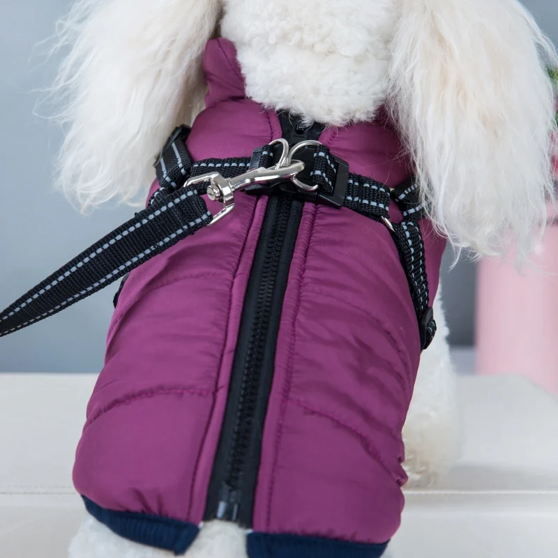 

2 In 1 Pet Dog Autumn Winter Sleeveless Skiing Costume Cotton Padded Vest with Durable Chest Strap Harness