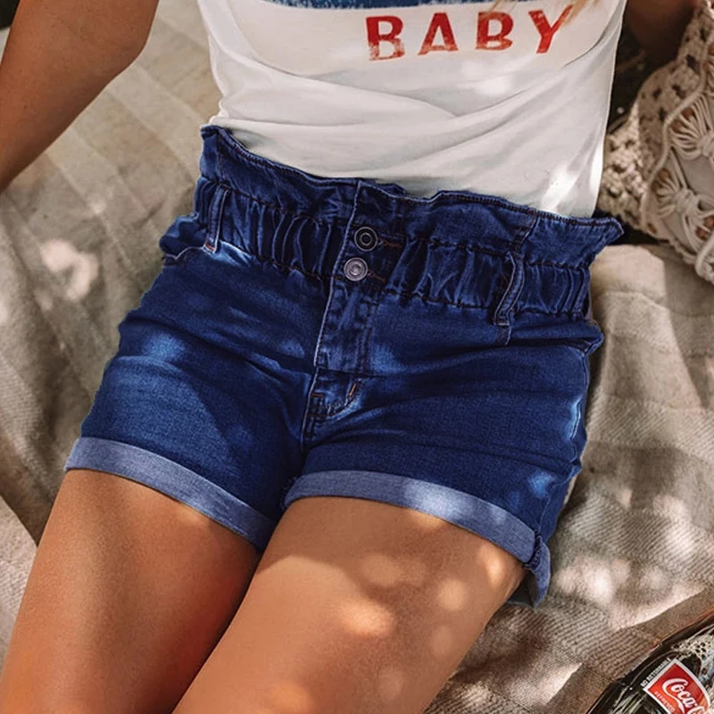 

High Waist Denim Shorts Women Casual Ladies Roll Up Hem Elastic Pocket Short Jeans Female