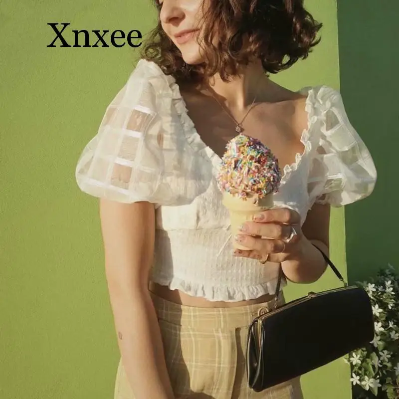 

ultrashort Corset Vintage puff sleeve blouse womens tops and blouses vintage short sleeve crop blouse white square neck top sexy