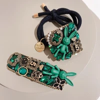 rhinestone green hair tie clip for women girl rabbit bunny elastic bands rubber korean cute accessories handmade wholesale