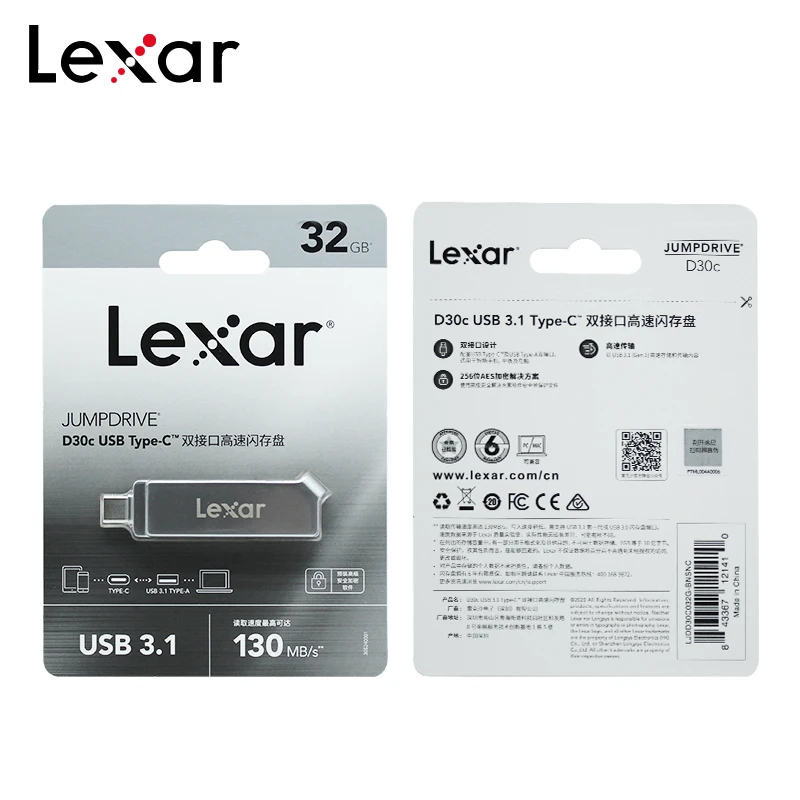 

Original Lexar D30c USB 3.1 Type C Dual Pendrive 32GB 64GB 128GB Type A Memory Stick Metal Flash Drive U Disk For Phone/Computer