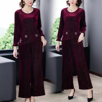 

Gold Velvet Suit Women Plus Size Suits And Sets Middle Aged Two Piece Women Pants Sets Ensemble Pantalon Et Haut Femme