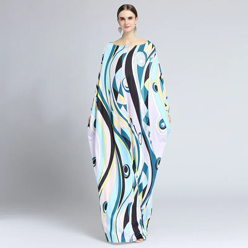 

Loose Plus Size Dress Women 2021 Spring Summer Elegant O-neck Batwing Sleeve Printed Dress Ethnic Style Holiday Robe Vestidos