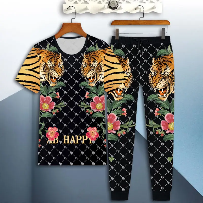 

New men's sportswear suit male 3D tiger short-sleeved casual slim T-shirt trousers 2-piece set 3d dragon print T-shirt pants