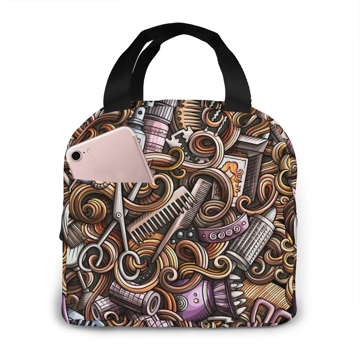 

Cute Doodles Hair Salon Lunch Food Box Bag Fashion Insulated Thermal Food Picnic Lunch Bag for Women kids Men Cooler Tote Bag