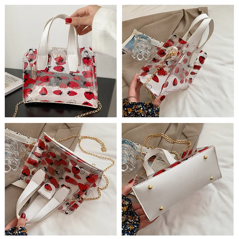 

Fashion Jelly Transparent Shoulder Bag Strawberry Pattern Crossbody Bags For Women Summer Travel Small Handbag Top-handle Bag