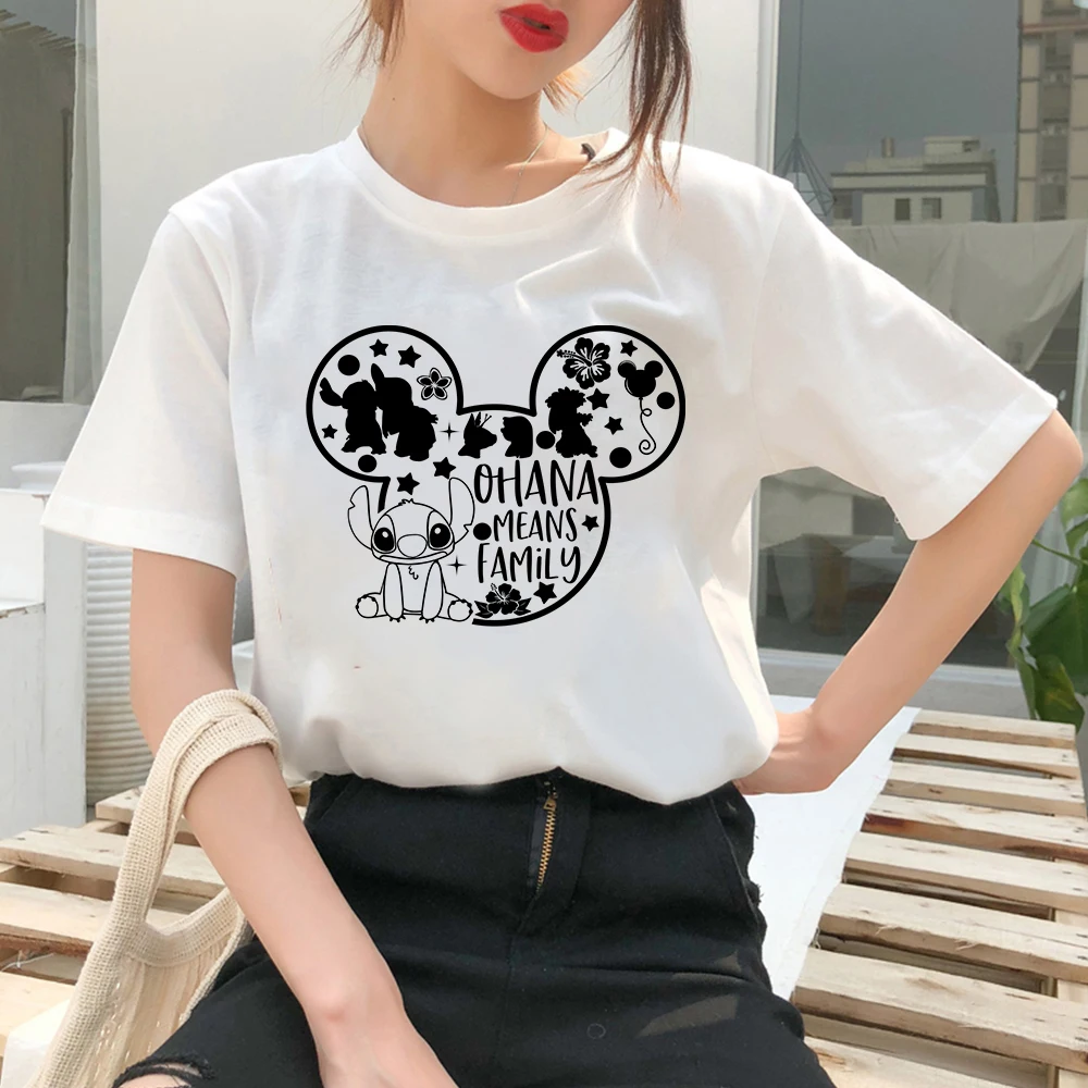 

Stitch Women T shirt Hipster Ohana Means Family Print Crewneck Short Sleeve Trendy Disney Loose Streetwear Brand Loose Clothes