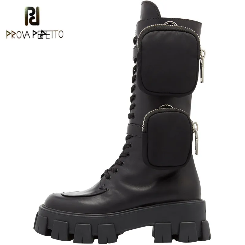 

Prova Perfetto Brand Design Pocket Motorcycle Women Boots Black Thick-soled Mid-Calf Boots Lace Up Platform Shoes Botas de Mujer
