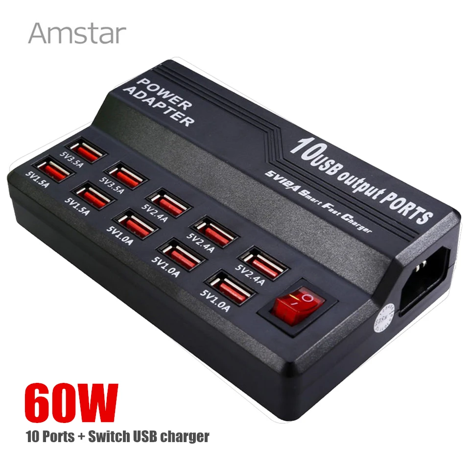 Amstar Fast USB Charger 5V/12A 60W Charging Desktop Mobile Phone Adapter for iPhone Samsung Huawei Xiaomi | Мобильные телефоны и