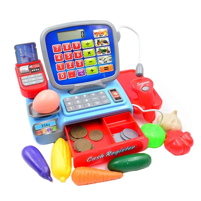

[Funny] Pretend Play Cashier Cash Register with Real Calculator Toy POS+Calculator+electronic scale+COINS+Foods set kids gift