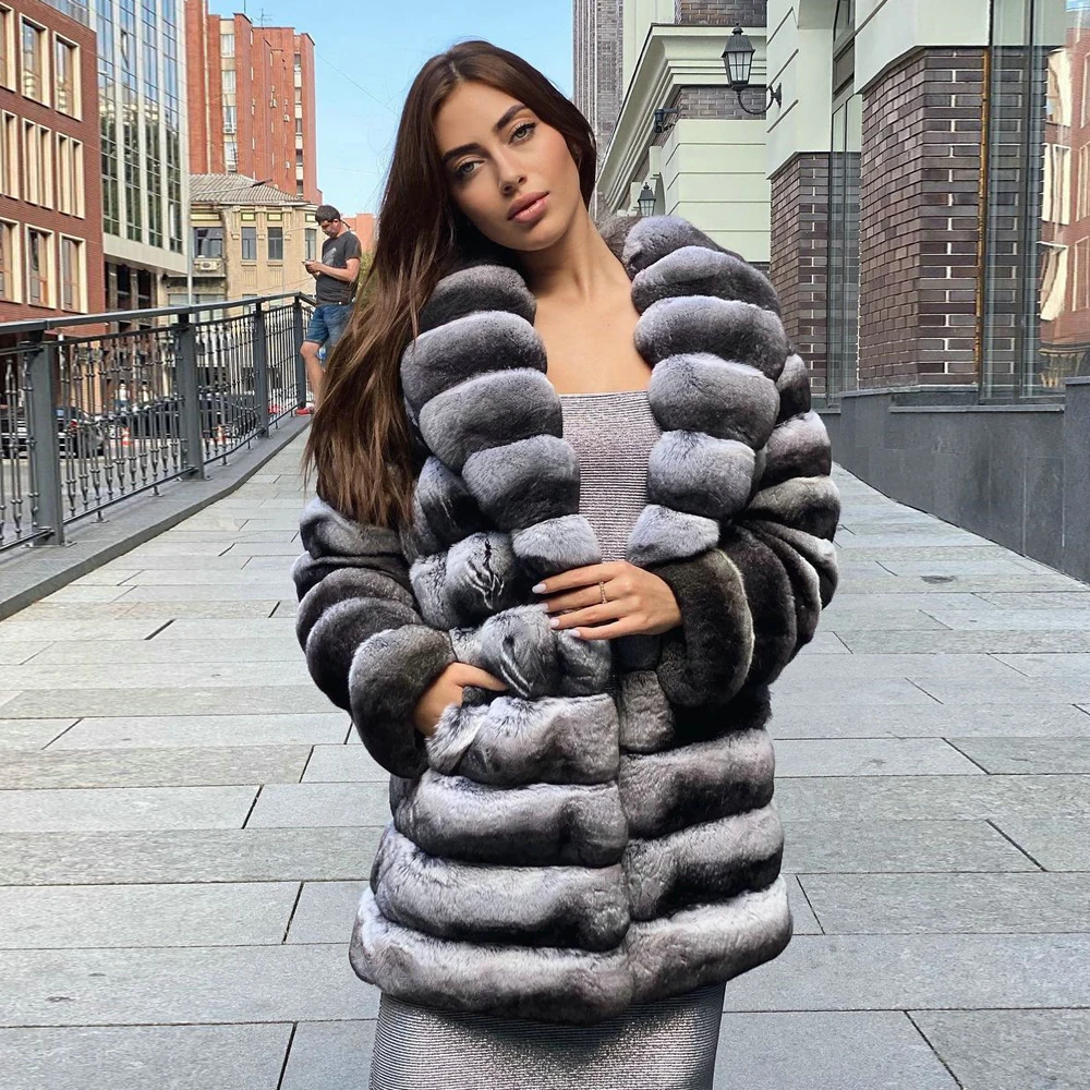 Enlarge Fashion Long Real Rex Rabbit Fur Coat with Turn-down Collar Winter New Genuine Rex Rabbit Fur Coats Chinchilla Color Outwear