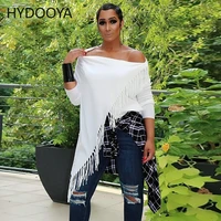 2022 spring sexy slash neck tassels patchwork irregular top women long sleeve loose t shirt fashion casual female party t shirts