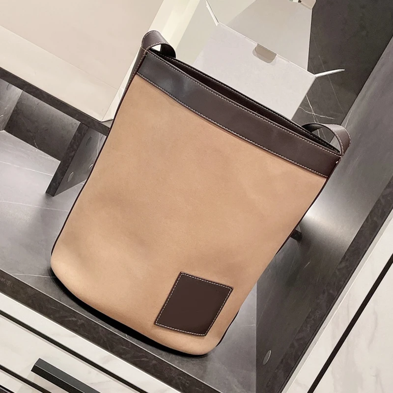 

Women's bags 2021 new bucket bag canvas simple leather stitching shopping bag lazy leisure