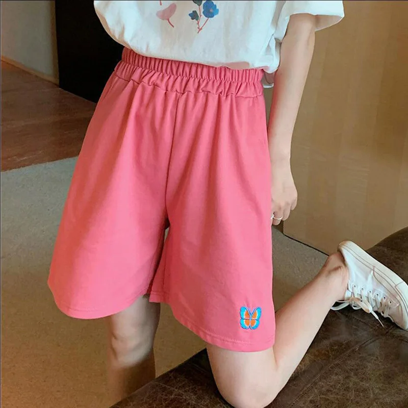 

Bright Color Butterfly Print Casual Shorts Female Elasticity Lovely Girls Korean Wide-leg Knee-length Short Women 2021 Summer