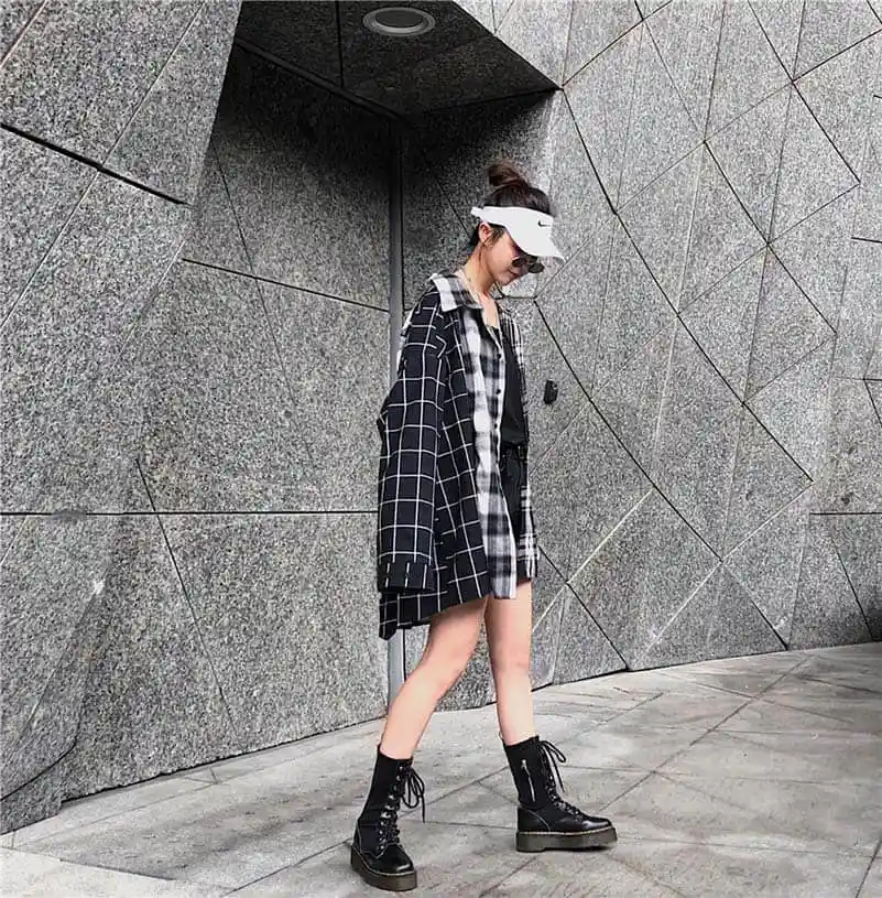 NiceMix Harajuku женские рубашки с длинными рукавами в клетку в стиле пэчворк BF женские блузки с отложным воротником в Корейском стиле Mujer блузка