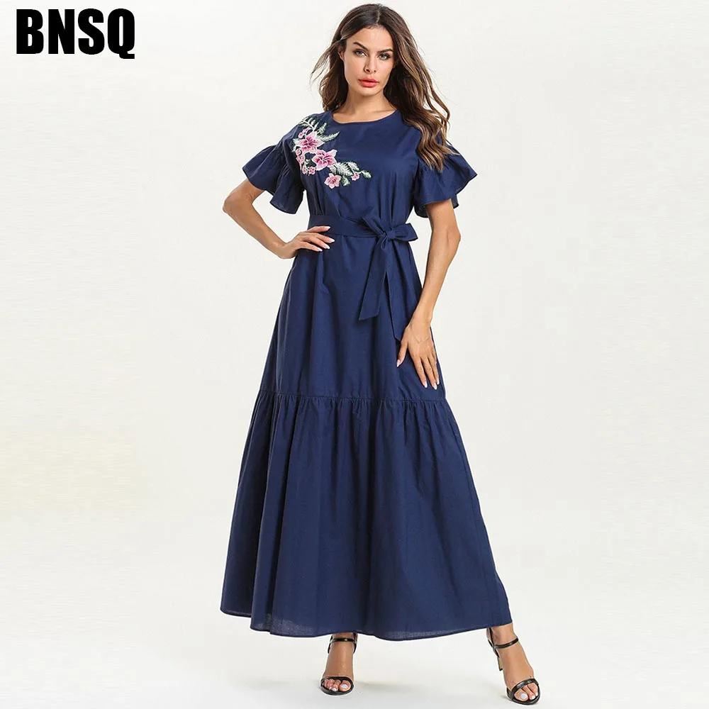 

BNSQ Dress Fashion Women O-Neck Floral Embroidery Short Sleeve Dress Empire Sashes Casual Bandage Dress women