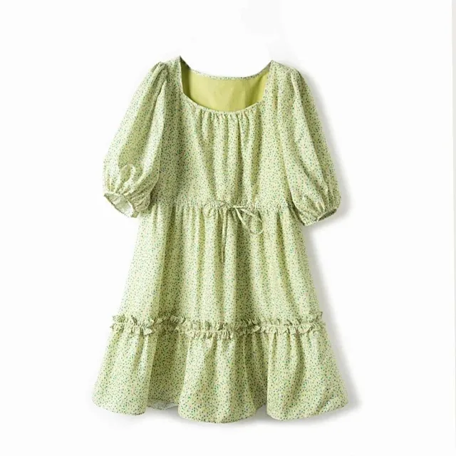 

Light green square neck drawstring waist puff sleeve floral dress women's h19984