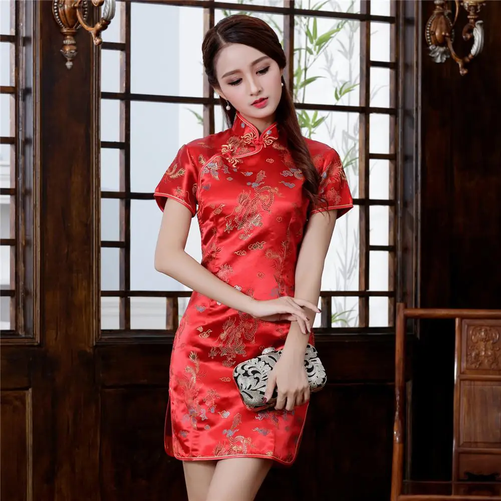 Светло-Розовое женское платье Чонсам для женщин Qipao с коротким рукавом Элегантные Формальные платья большого размера 3XL 4XL 5XL 6XL сексуальные платья - Цвет: Red B