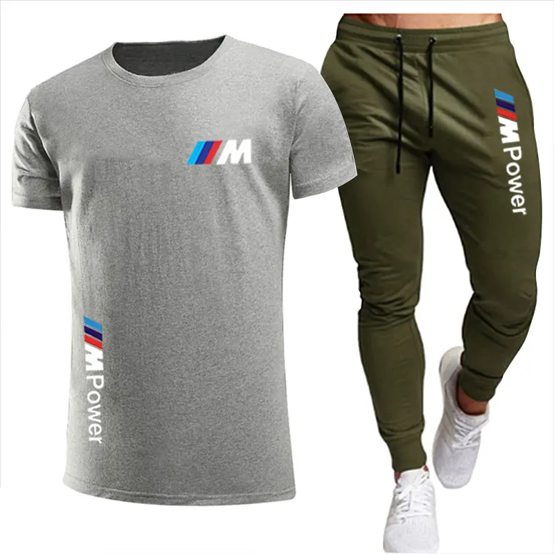 

2021 new BMW fashion casual sportswear summer letter printing suit men's jogging fitness clothes men's T-shirt + thin pants 2-pi
