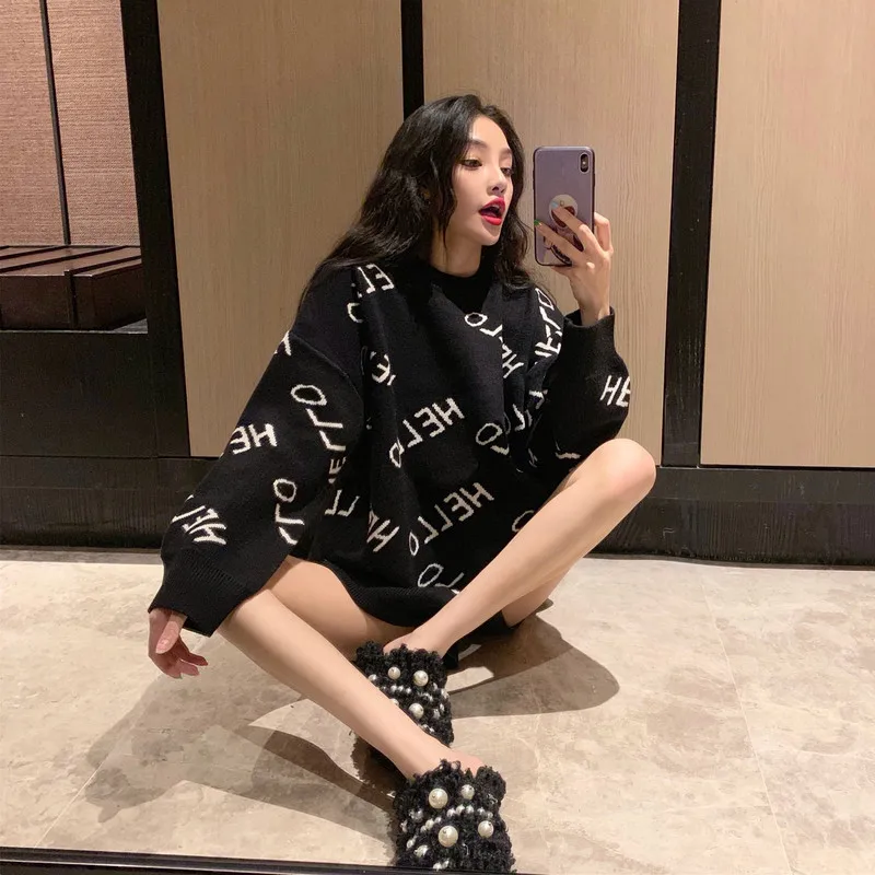 Gaganight Хелло Свободный Повседневный женский свитер с длинными рукавами и круглым