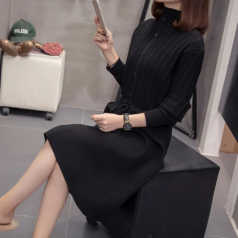 Женское зимнее базовое длинное платье свитер водолазка с длинным рукавом