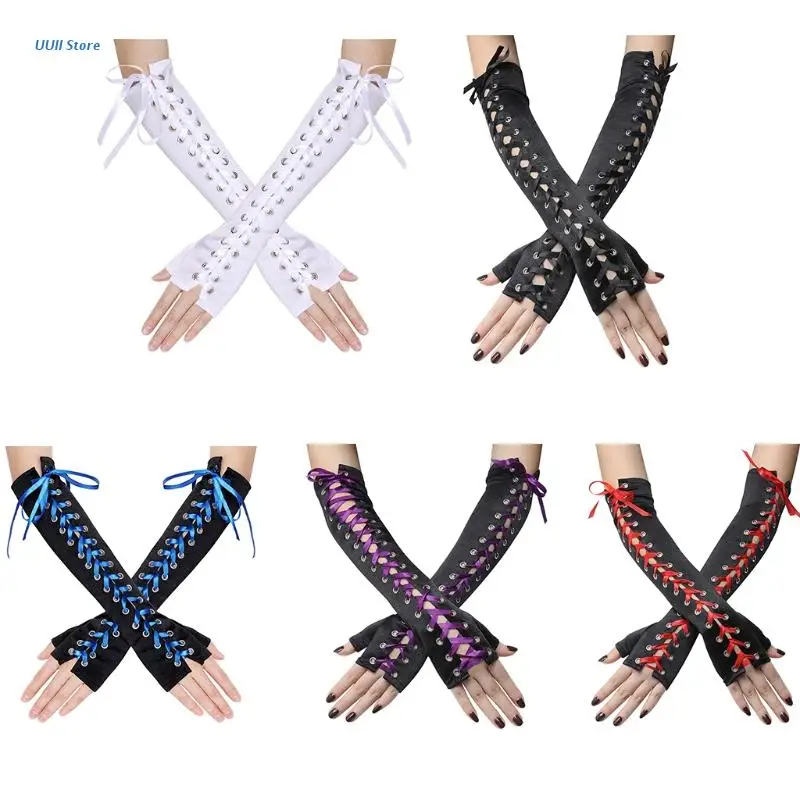 

Steampunk Lace Up Elbow Length Gloves Punk Satin Gloves Half Finger Party Gloves Fingerless Arm Warmer for Prom