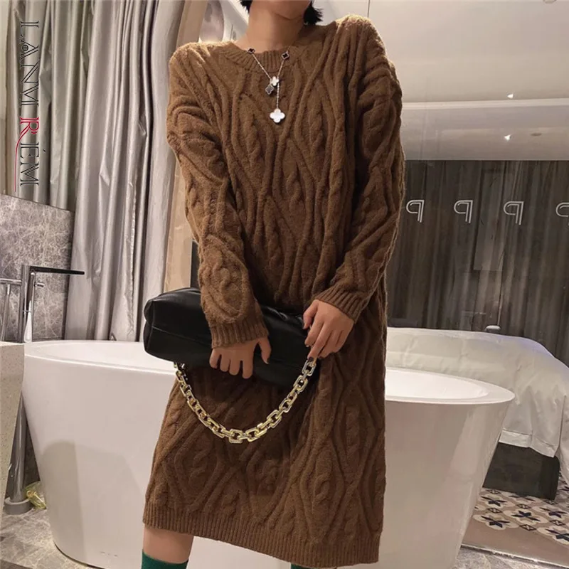 

LANMREM Korean 2022 Autumn Winter New Medium Long Twist Pattern Loose Thick Sweater Coat Women Fashion Clothes 2C503