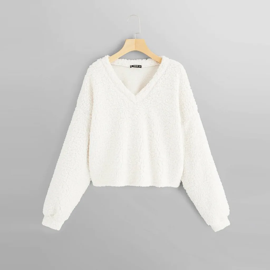 Kawaii moletom feminino sudadera mujer Модный свитшот Женский Повседневный свободный длинный рукав однотонный свитшот с v-образным вырезом