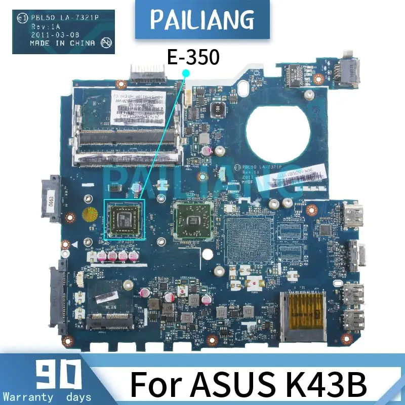Placa-mãe para Computador Portátil Pailiang Notebook Asus K43b Wireless com Placa Principal E350 Placa-mãe para notebook