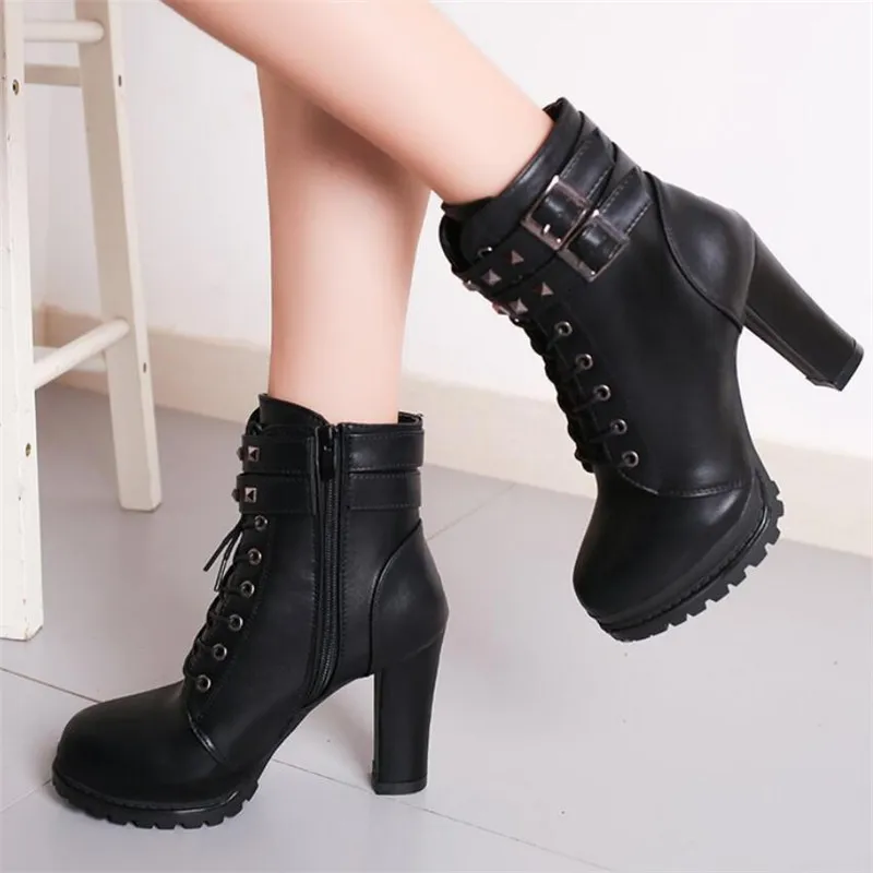 Ботинки на высоком каблуке женские модные ботинки с заклепками черные ботильоны