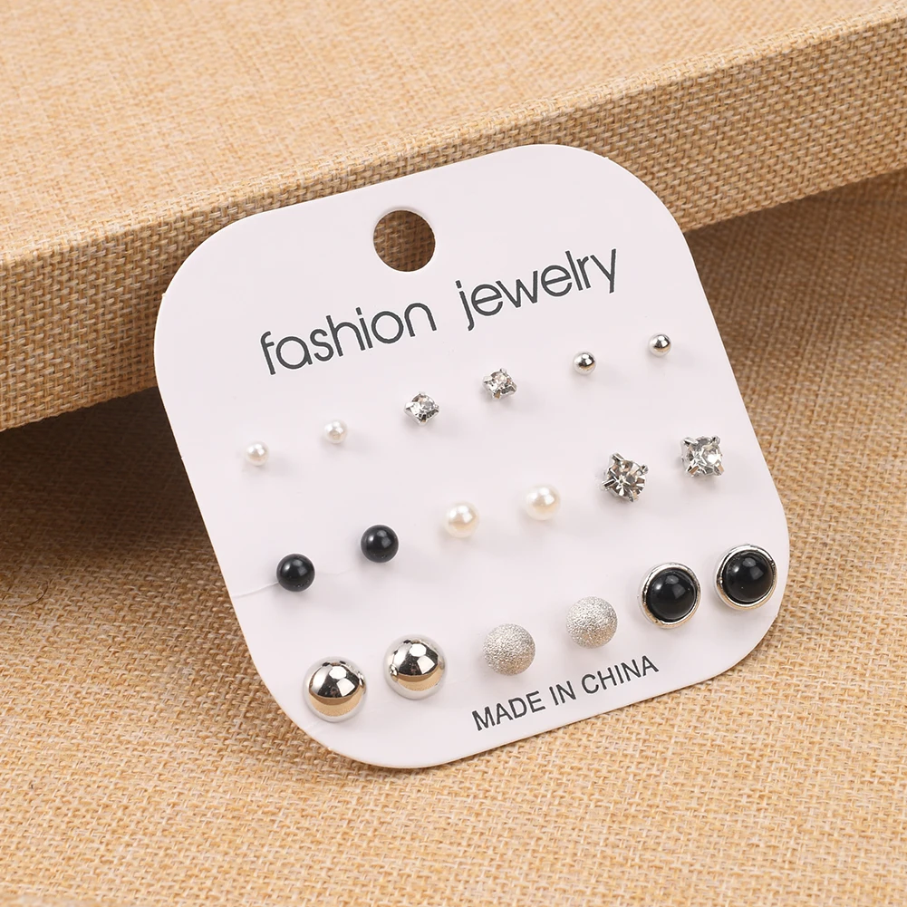 

9 Earrings Pearl Diamond Black White Earrings Women Fashion Accessories Eardrop