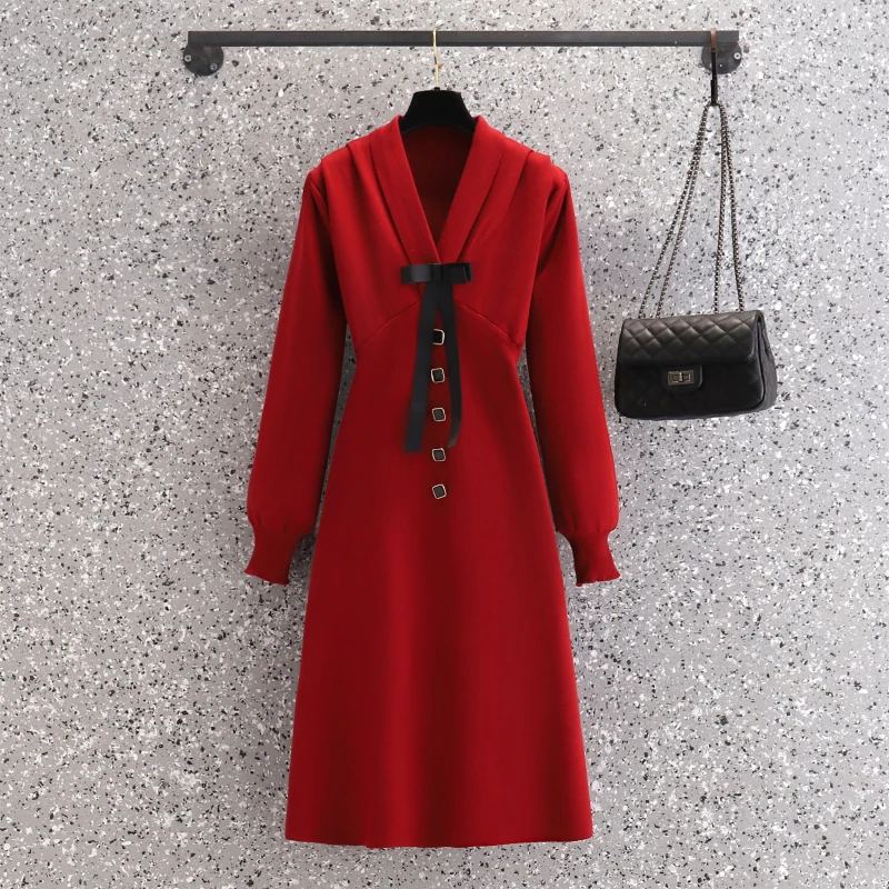

4XL plus size women autumn winter thick kintting vintage dress 2021 fashion Lantern sleeve bow solid sweater dresses short