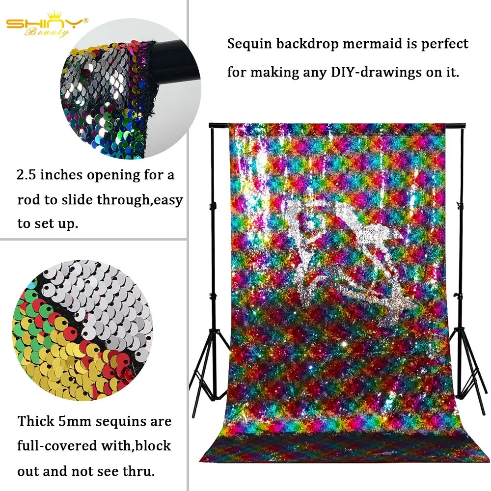 

MermaidSequinBackdrops4FTx7FT Rainbow Reversible Sequin Backdrop Curtain Silver Glitter Photo Curtains Wedding Decorations-M