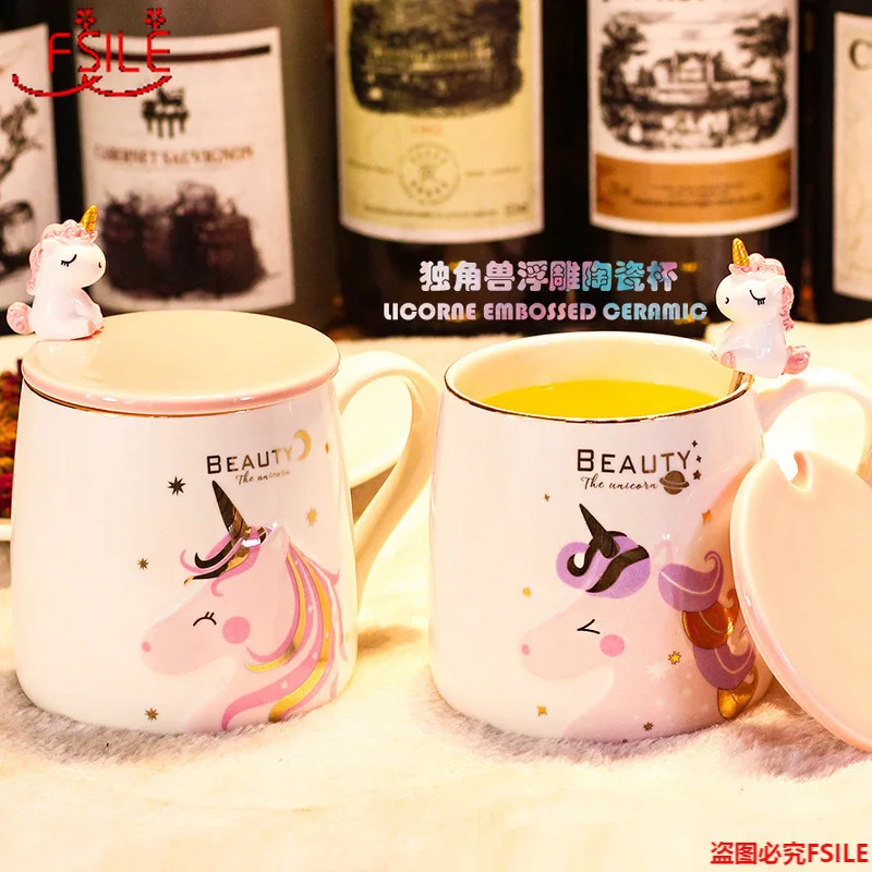 

400ml Simple Cute Mug Creative Personality Trend Mug Cute Spoon with Lid Girl Unicorn Ceramic Couple Coffee Breakfast Mug