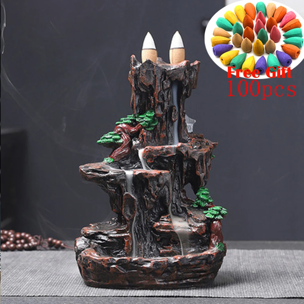 

Mountains River Waterfall Incense Burner Fountain Backflow Aroma Smoke Censer Holder Office Home Unique Crafts+20 Incense Cones