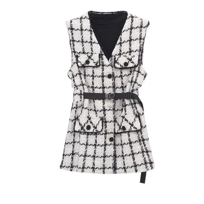 

Hepburn Style New Tweed Vest Women's V-neck Tie Waist Waist Slimmer Plaid All-match Coat Jacket Women