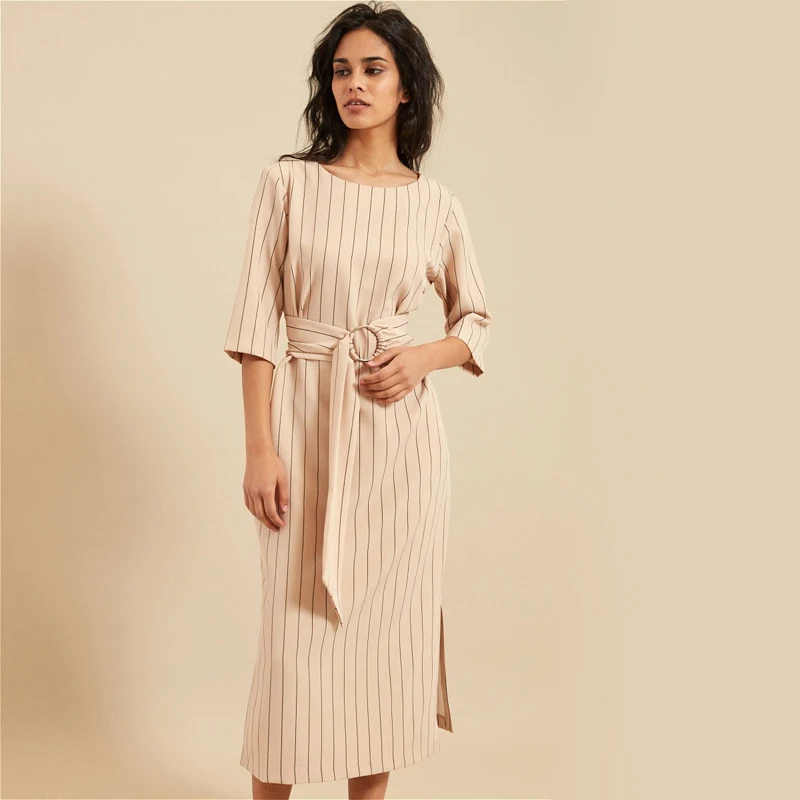 

Shyloli Women Elegant Striped Dresses With Sashes O-neck Half Sleeve Split Midi Dress Office Ladies Streetwear Autumn 2020 NEW