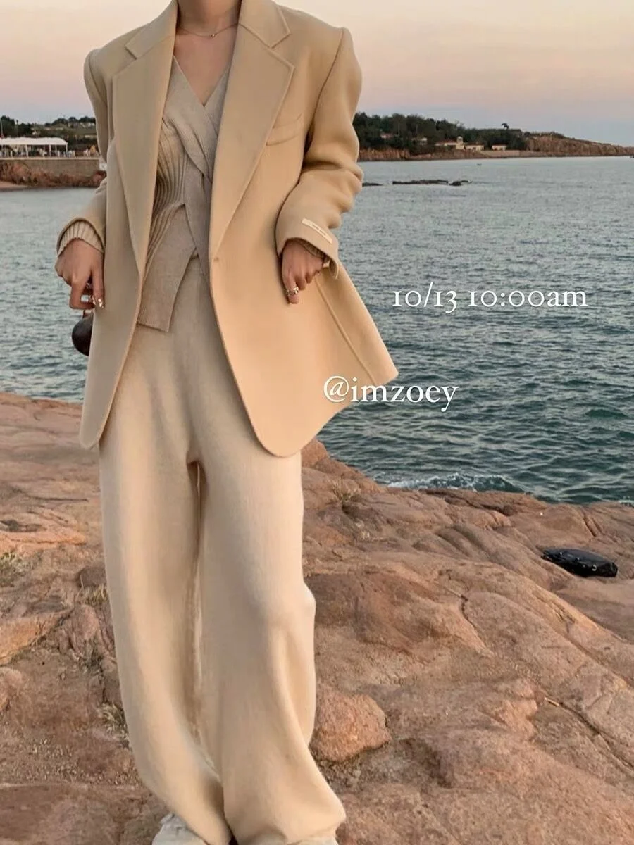 

Мягкое и текстурное двухстороннее кашемировое пальто, Женский костюм с косыми пряжками, шерстяное твидовое пальто силуэта, Женское зимнее ...