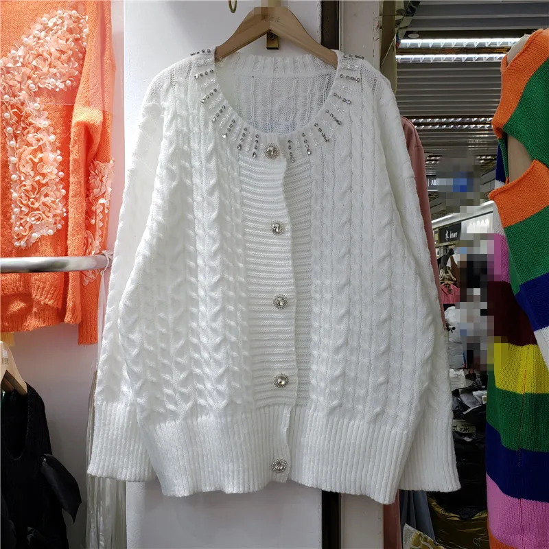 

2021 Autumn Winter Sweater Coat Heavy Industry Beads Diamond Twisted Woolen Yarn Knitted Sweaters Cardigan Girls Pink Cardigans