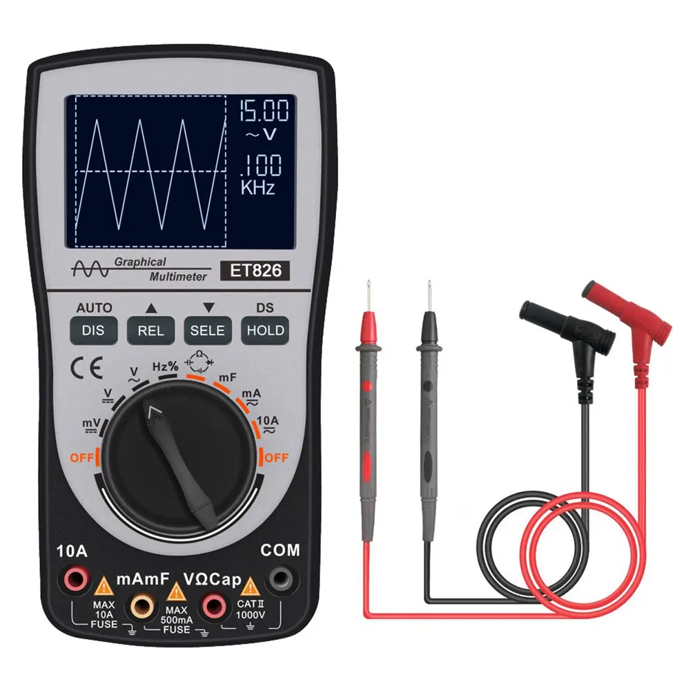 

ET826 Digital Oscilloscope Multimeter with ACV/DCV/ACA/DCA 20kHz Bandwidth 200k Sampling Rate Intelligent Graphical Oscilloscope