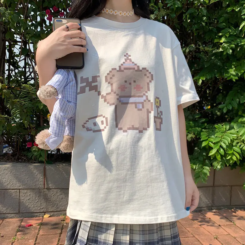 

Kawaii Cartoon Bear Print T Shirt Women Short Sleeve O Neck Loose Summer Tee T-shirts with Short Sleeve Harajuku Top Woman